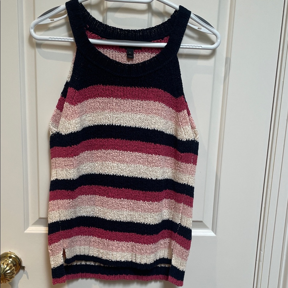 J. Crew sz M crochet sleeveless striped tank top - navy, pinks & ivory